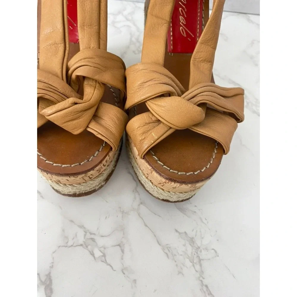 Paloma Barceló Sandals Espadrilles Sz 38/7.5 Tan Leather Wedge Platform Dressy